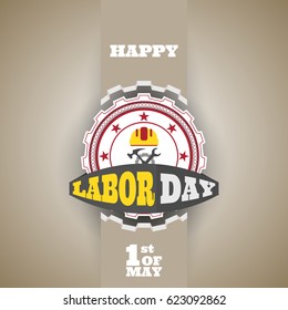 Vector poster of Happy Labor Day with label of gear, ribbon on the gradient brown background with cut paper shapes with shadow.