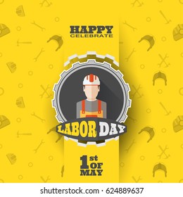 Vector poster of Happy Labor Day with label of gear cut from paper, ribbon on the yellow background with pattern and cut paper shapes with shadow.