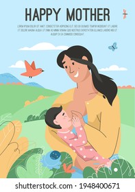 Vector poster of Happy Mother concept. Happy mother breastfeeding her baby on natural landscape with blooming flowers. Family, parenting, motherhood. Character illustration of advertising banner