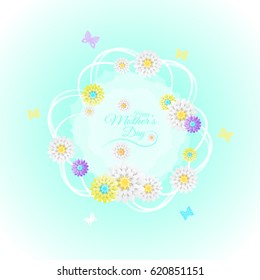 Vector poster to Happy Mother's Day on the light blue background with floral label in the center, text, butterflies and flowers of different colors.