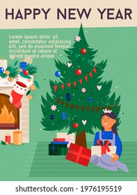 Vector poster of Happy New Year concept. Happy girl holding gift sitting under Christmas tree. Holiday decoration at living room, socks on fireplace. Character illustration of advertising banner