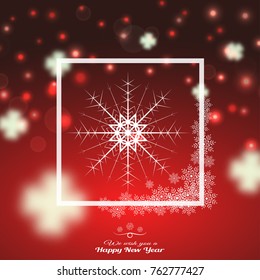 Vector poster to Happy New Year with snowflake in white square frame on the gradient red background with snowfall.