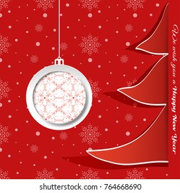Vector poster to Happy New Year with Christmas tree and ball cut from paper on the gradient red background.