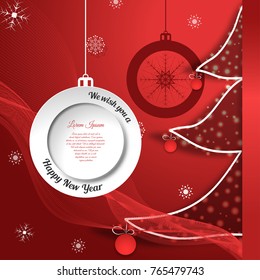 Vector poster to Happy New Year with silhouette of Christmas tree and dark ball, white round label, text on the gradient red background with waves.