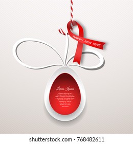 Vector poster for Happy New year with hanging on the lollipop Christmas ball cut from paper and red stripe on the gradient background with line pattern.