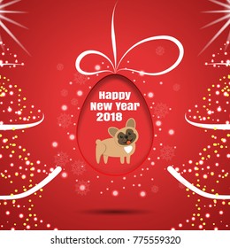 Vector poster Happy New Year with Christmas trees and silhouette of egg with stripe, dog and shadow cut from paper on the red gradient background.