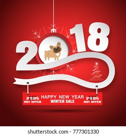 Vector poster for Happy New Year winter sale with numbers, hanging ball with dog cut from paper, stripe with hanging plate on the gradient red background.
