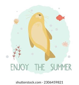 afiche vectorial con un sello feliz que nada en el mar