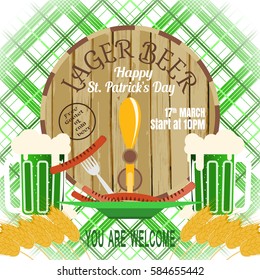 Vector poster for Happy St. Patrick's Day with barrel, mug, goblet of beer, plate with sausages on the green line background.