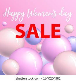 Vector poster Happy Womens day Sale on abstract pink background with realistic balls. Banner for Women’s day special offers, shop seasonal discount. International Women's Day 8 March Sale design. 