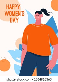 Vektor-Poster des Happy Womens Day Konzepts. Lächelnde Frau in einer komfortablen Suite. Fröhliche Geschäftsfrau. Glückwunschurlaub. Vektorgrafik der Design-Grußkartenvorlage