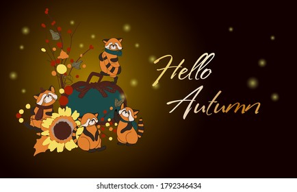Vector poster hello autumn. Cute funny animal. Autumn mood.