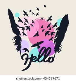 Vector poster "Hello" with birds and feathers isolated on abstract background