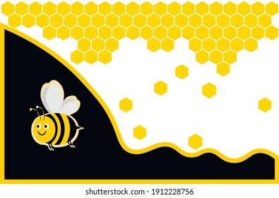 vector poster with honeycombs and bees. flat illustration of a banner with yellow honeycombs at the top.
