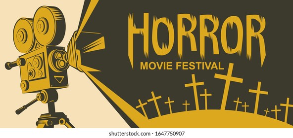 Vector poster for a horror movie festival. Illustration with an old movie projector and cemetery crosses. Scary cinema. Horror film night. Suitable for banners, flyers, tickets, billboards