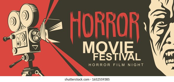 Vector poster for a horror movie festival. Illustration with old film projector and face of a creepy zombie. Horror film night. Scary cinema. Can be used for tickets, flyer, banner, web design