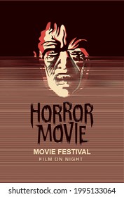 Vector poster for the horror movie festival with a creepy zombie face. Suitable for advertising banner, billboard, flyer, ticket, invitation. Scary movie. Horror film night for thrill seekers