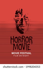 Vector poster for horror movie festival with the face of a creepy zombie on a red background. Suitable for advertising banner, flyer, ticket, invitation. Scary cinema. Horror film night