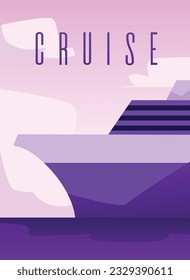 Vector poster of huge luxury cruise ship in the ocean. Great Cruise vacation concept. Cruise liner passenger ship, yacht sea voyage, ocean traveling flat illustration.