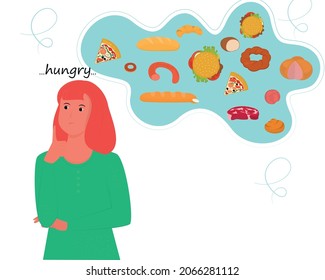 Afiche vectorial con una chica hambrienta. Pensamientos sobre la comida. Comida dañina.