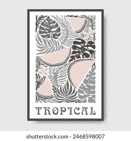 Vector poster illustration with abstract tropical leaves and lettering isolated on light background. Monochrome design for print, invitation template, banner, flyer, greeting card