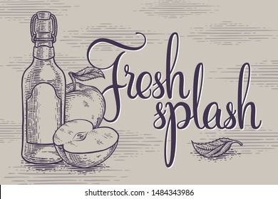 Vector poster with illustration of apple cidre bottle and text label "Fresh Splash"