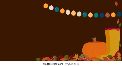Vector poster illustration featuring autumn foliage, pumpkin, garland and empty space for text