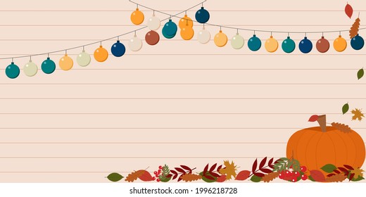 Ilustración de póster vectorial con follaje otoñal, calabaza, garland y espacio vacío para texto