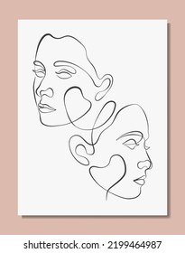 Vector poster with illustration of women’s line art face. Modern one line drawing with pastel colors. Sisterhood and Feminism. Illustration for web and print.