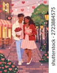 Vector poster illustration of a loving couple on a romantic street decorated for Valentine’s Day. Modern flat style, warm colors, cozy city atmosphere. Perfect for posters, cards, social media.