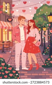 Ilustração em cartaz vetorial de um casal amoroso em uma rua romântica decorada para o Dia dos Namorados. Estilo plano moderno, cores quentes, atmosfera acolhedora da cidade. Perfeito para cartazes, cartões, mídias sociais.