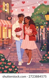 Ilustración de póster de Vector de una pareja amorosa en una calle romántica decorada para el Día de San Valentín. Estilo plano moderno, colores cálidos, ambiente acogedor de la ciudad. Perfecto para carteles, tarjetas, redes sociales.