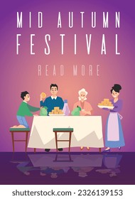 Vector poster illustration of Mid autumn festival. A happy family gathered at a deliciously laid table with moon cake and pomelo to celebrate. Asian, Chinese traditional holiday.