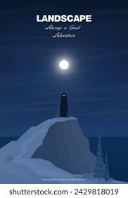 Vector poster. Vector illustration. Night landscape, a lonely lighthouse on a rock in the ocean. A moonlit and starry night. Minimalist background.