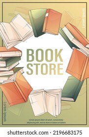 Vector poster illustration from open book, stack of books for bookstore, library. Bookstore, bookshop, book lover, education concept. Illustration for poster, banner, advertising, flyer, cover.