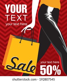 Vector poster illustration for the sale with a girl on a graphical background in retro style.