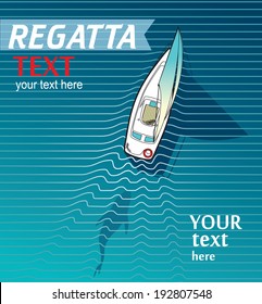 Vector poster illustration for the sea regatta with a white yacht escaping from a shark.