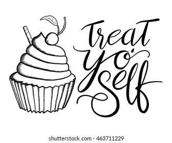 VektorPoster-Illustration mit dem Zitat "Treat Yo' Selbst" mit einem Cupcake 