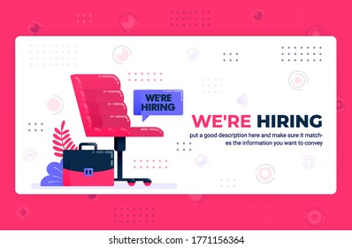 Vector poster illustration of we're hiring ads. Empty seat as symbol of vacancies to find talent and recruit employees. Can be used for website web mobile apps flyer background element banner template