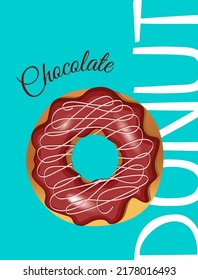 Vector Poster With The Image Of A Chocolate Donut. Flyer Design With Pastries On A Blue Background. Menu Cover Mockup For Bakery