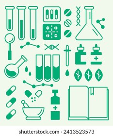 Vector poster with the image of elements of pharmaceutical accessories. Illustration of pills, flasks, test tubes, pharmaceutical mortar, pharmaceutical handbook, etc.