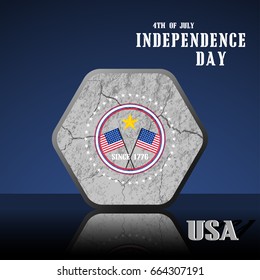 Vector poster of Independence Day with flat hexagon label with texture of cracked ground and reflection on the dark blue background.
