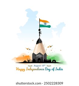 Vector poster of India Independence day with Indian monuments skyline and  red fort background.