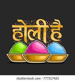 Vector poster for Indian Holi Festival, colorful logo for traditional holiday holi in India, fun hindu festival of colours, decorative font for words holi hai in hindi, bowls with bright gulal powder.