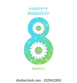 Vector poster for International Women's Day with cutout number with flowers, glow on the blue and green gradient background.