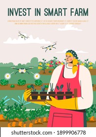 Vector poster of Invest in Smart Farm concept. Finance support for agriculture business, agribusiness development. Farmer holds box with seedlings in vegetable garden. Character illustration of banner