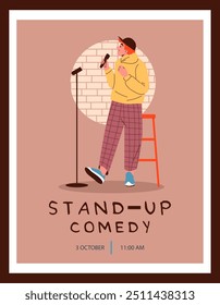 Um poster vetorial é um convite para uma performance com um comediante stand-up com um microfone em suas mãos, piadas, um monólogo humorístico em um palco moderno.