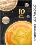 Vector Poster for Io, vertical banner with illustration of rotating orange moon io around cartoon jupiter planet on black starry background, decorative cosmo leaflet with words io - moon of jupiter