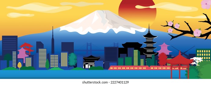 Vector poster with Japanese city view. Japanese traditional characters. Urban view.