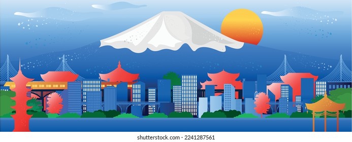 Vector poster with Japanese city view. Japanese traditional characters. Urban view.	